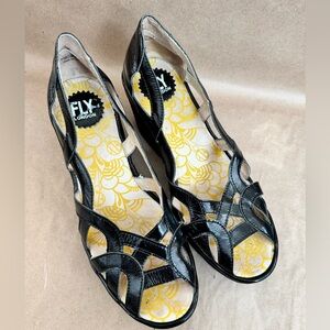 Fly London Yadi Sandals Black Patent Leather Strappy Peep Toe Wedge Heel. EU40